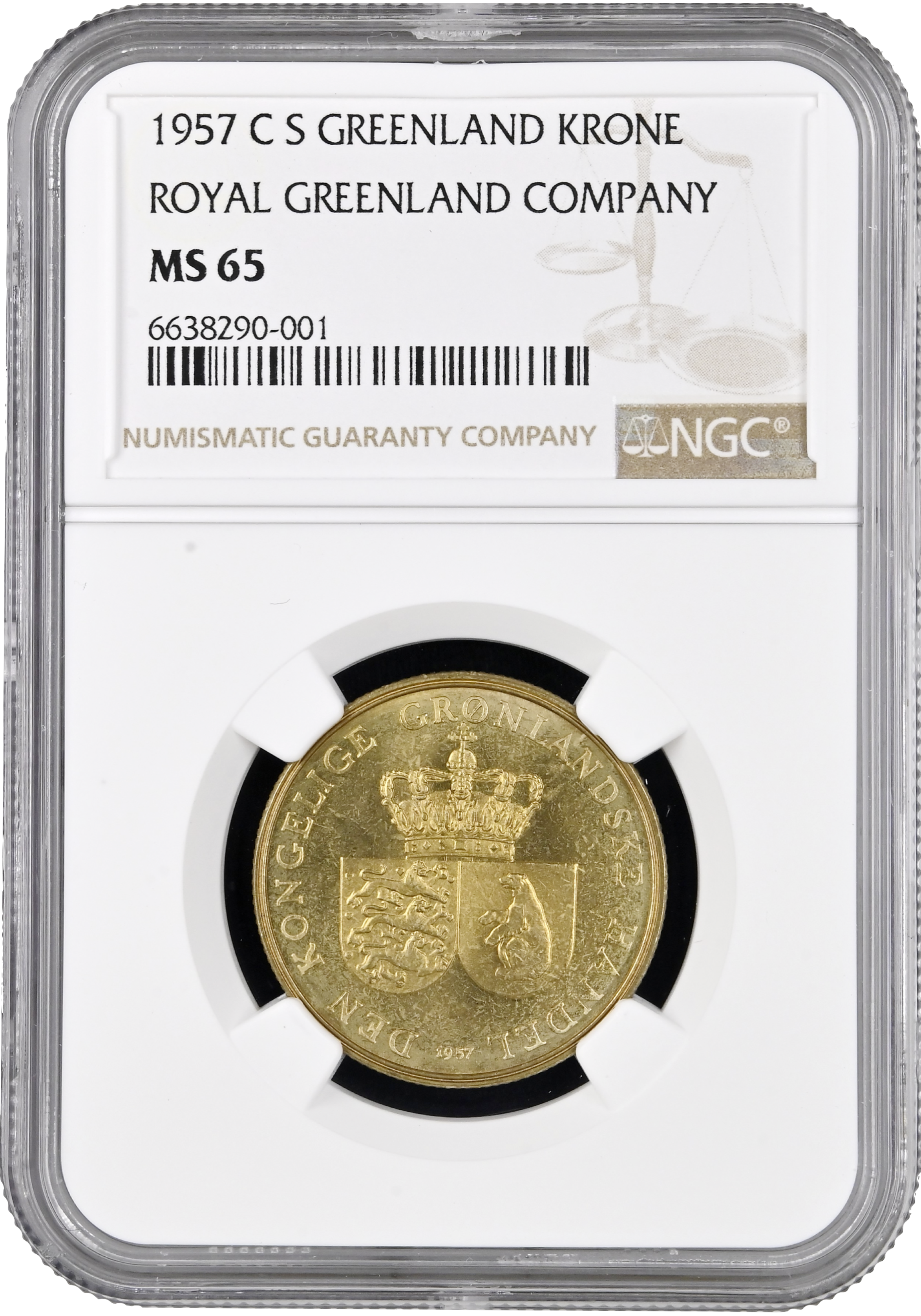 Greenland 1 krone 1957 C S, NGC MS65, 